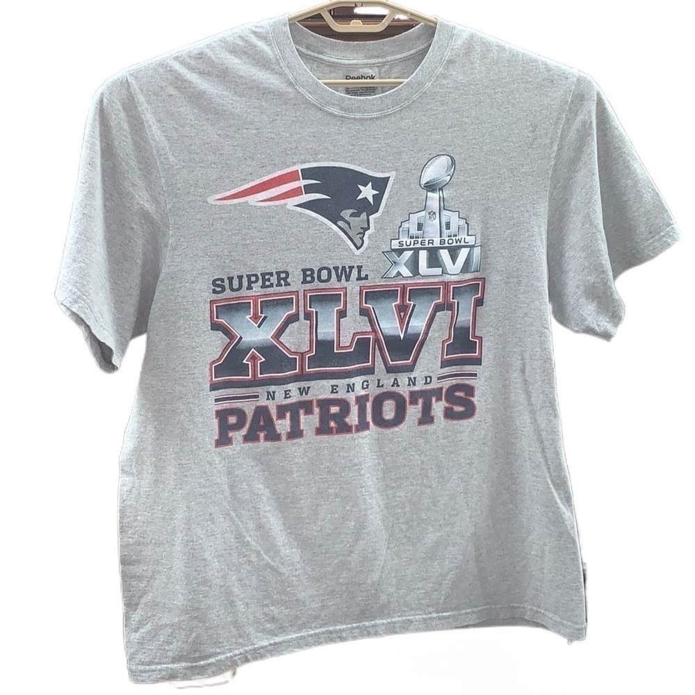 New England Patriots Reebok Super Bowl XLVI T-Shirt Short Sleeved Gray Tee XL